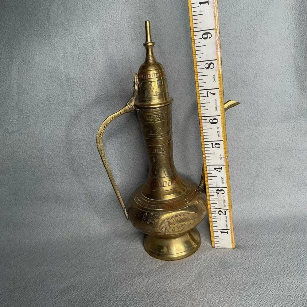Solid Brass Mini India Tea Pot Pitcher Genie Lamp Etched Vtg  Handle Hinged Lid‎